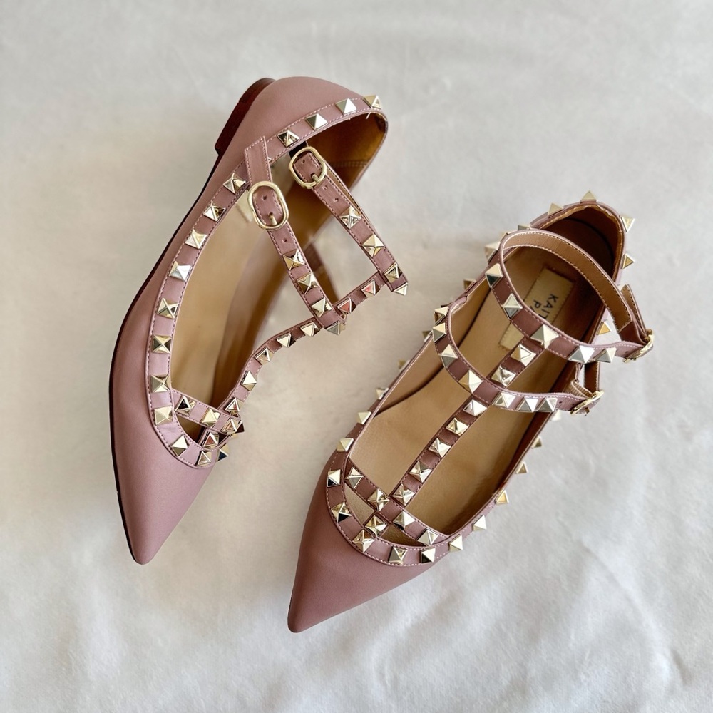 Studded Pointed-Toe Mary Jane Flats in Dusty Pink